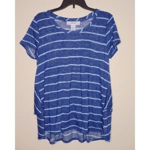 Workshop | Women's Striped T Shirt Blue White Crew Neck Peplum Size Medium
